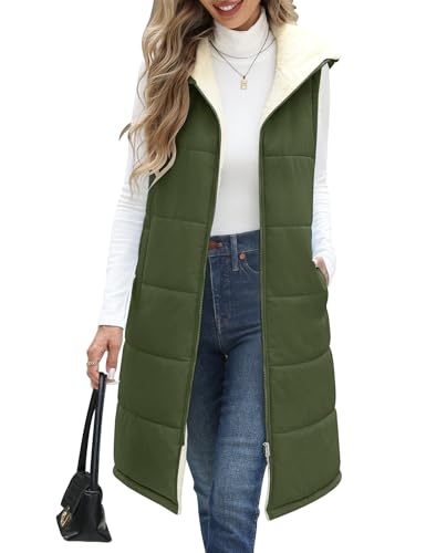 Yuson Girl Weste Damen Lang mit Kapuze Ärmellose Warme Steppweste Herbst Winter Fleecejacke Longweste Leichte Damen-westen mit Reißverschlüsse Outdoor Winterjacke Vest mit Tasche(Armeegrün, XL) von Yuson Girl
