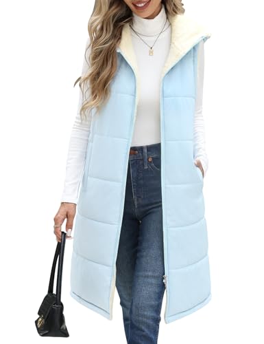 Yuson Girl Weste Damen Lang mit Kapuze Ärmellose Warme Steppweste Herbst Winter Fleecejacke Longweste Leichte Damen-westen mit Reißverschlüsse Outdoor Winterjacke Vest mit Tasche(Blau, XL) von Yuson Girl