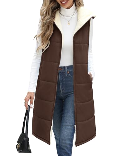 Yuson Girl Weste Damen Lang mit Kapuze Ärmellose Warme Steppweste Herbst Winter Fleecejacke Longweste Leichte Damen-westen mit Reißverschlüsse Outdoor Winterjacke Vest mit Tasche(Kaffee, XXL) von Yuson Girl