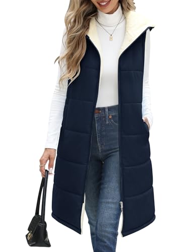 Yuson Girl Weste Damen Lang mit Kapuze Ärmellose Warme Steppweste Herbst Winter Fleecejacke Longweste Leichte Damen-westen mit Reißverschlüsse Outdoor Winterjacke Vest mit Tasche(Marineblau, XXL) von Yuson Girl