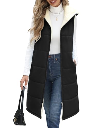 Yuson Girl Weste Damen Lang mit Kapuze Ärmellose Warme Steppweste Herbst Winter Fleecejacke Longweste Leichte Damen-westen mit Reißverschlüsse Outdoor Winterjacke Vest mit Tasche(Schwarz, L) von Yuson Girl