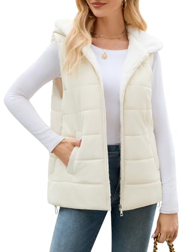 Yuson Girl Weste Damen Warme Steppweste mit Kapuze Ärmellose Jacke Weste Kurz Gefüttert Fleeceweste Herbst Winter Vest Gilet Leicht Freizeit Outdoor Wintermantel mit Reißverschluss(Hellbeige, XL) von Yuson Girl