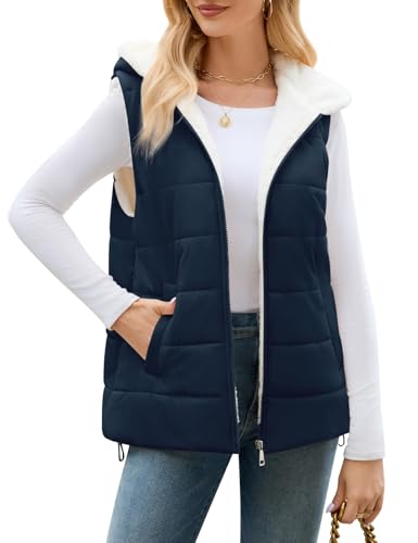 Yuson Girl Weste Damen Warme Steppweste mit Kapuze Ärmellose Jacke Weste Kurz Gefüttert Fleeceweste Herbst Winter Vest Gilet Leicht Freizeit Outdoor Wintermantel mit Reißverschluss(Marineblau, S) von Yuson Girl