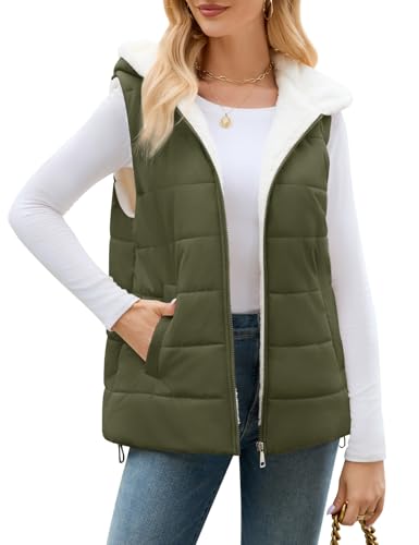Yuson Girl Weste Damen Warme Steppweste mit Kapuze Ärmellose Jacke Weste Kurz Gefüttert Fleeceweste Herbst Winter Vest Gilet Leicht Freizeit Outdoor Wintermantel mit Reißverschluss(Militärgrün, L) von Yuson Girl