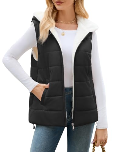 Yuson Girl Weste Damen Warme Steppweste mit Kapuze Ärmellose Jacke Weste Kurz Gefüttert Fleeceweste Herbst Winter Vest Gilet Leicht Freizeit Outdoor Wintermantel mit Reißverschluss(Schwarz, L) von Yuson Girl