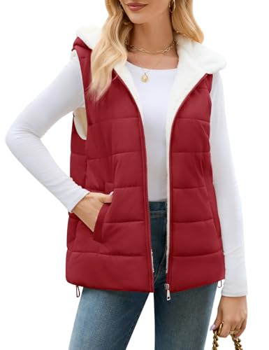 Yuson Girl Weste Damen Warme Steppweste mit Kapuze Ärmellose Jacke Weste Kurz Gefüttert Fleeceweste Herbst Winter Vest Gilet Leicht Freizeit Outdoor Wintermantel mit Reißverschluss(Weinrot, XL) von Yuson Girl