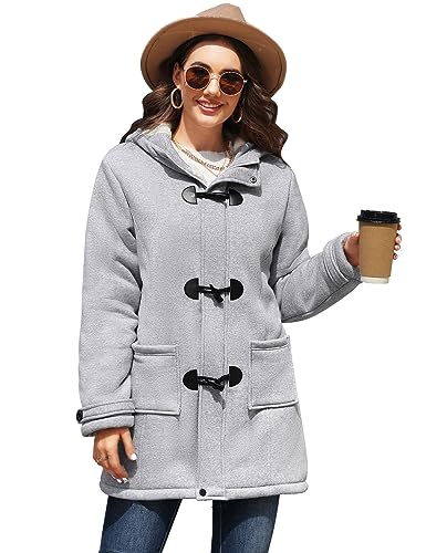 Yuson Girl Winterjacke Damen Fleecejacke Lang Wintermantel Warm Hornknopfjacke Einfarbig Kapuzenpullover Winter Cardigan Sweatshirt Damen Kapuzenjacke mit Knopf und Reißverschluss(Hellgrau, S) von Yuson Girl