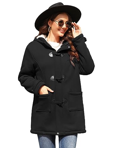 Yuson Girl Winterjacke Damen Fleecejacke Lang Wintermantel Warm Hornknopfjacke Einfarbig Kapuzenpullover Winter Cardigan Sweatshirt Damen Kapuzenjacke mit Knopf und Reißverschluss(Schwarz, L) von Yuson Girl