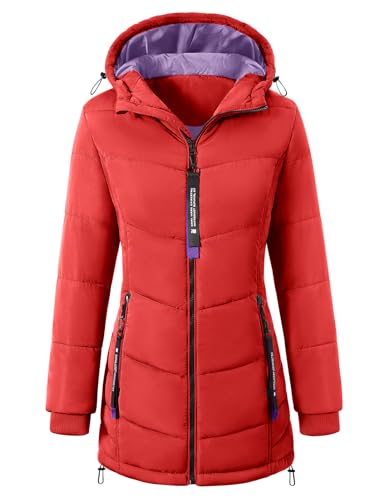 Yuson Girl Winterjacke Damen Lang Mantel Winter Jacke mit Kapuze Warm Steppjacke Parka Herbst Winter Outdoorjacke Elegant Kapuzenmantel mit Zipper Tasche(Rot, XL) von Yuson Girl