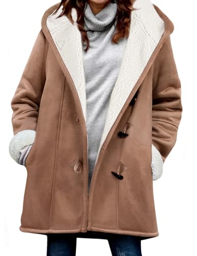 Yuson Girl Winterjacke Damen Lang Wintermantel Wildleder Fleecejacke Lose Winterparka Winter Warm Cardigan Outwear Einfarbig Kapuzenjacke mit Kapuze und Seitentaschen(Khaki, S) von Yuson Girl