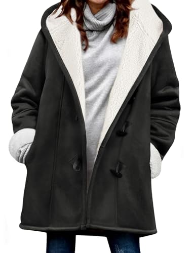 Yuson Girl Winterjacke Damen Lang Wintermantel Wildleder Fleecejacke Lose Winterparka Winter Warm Cardigan Outwear Einfarbig Kapuzenjacke mit Kapuze und Seitentaschen(Schwarz, M) von Yuson Girl