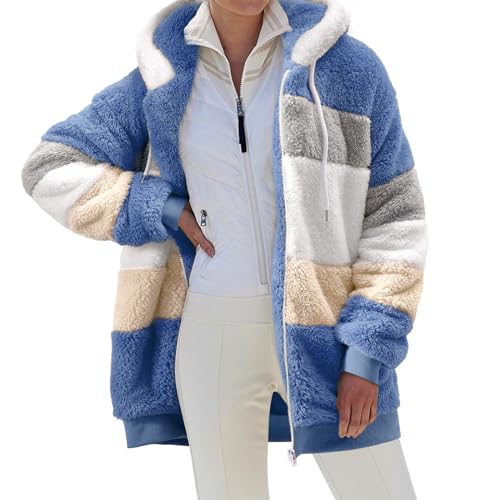 Yuson Girl Winterjacke Damen Warm Sherpa Kapuzenjacke Winter Fleece Teddyjacke Reißverschluss Plüschjacke Fleecejacke Hoodie Casual Kuscheljacke Damen Flauschig Mit Taschen(Blau, S) von Yuson Girl