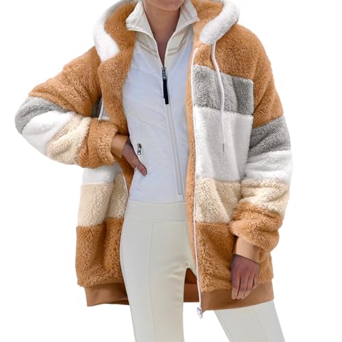 Yuson Girl Winterjacke Damen Warm Sherpa Kapuzenjacke Winter Fleece Teddyjacke Reißverschluss Plüschjacke Fleecejacke Hoodie Casual Kuscheljacke Damen Flauschig Mit Taschen(Braun, M) von Yuson Girl