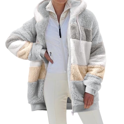 Yuson Girl Winterjacke Damen Warm Sherpa Kapuzenjacke Winter Fleece Teddyjacke Reißverschluss Plüschjacke Fleecejacke Hoodie Casual Kuscheljacke Damen Flauschig Mit Taschen(Grau, XL) von Yuson Girl