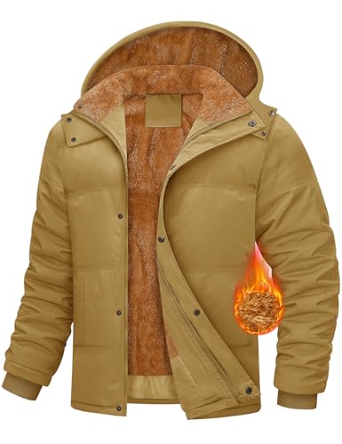 Yuson Girl Winterjacke Herren Warme Fleecejacke Winddicht Parka Jacke Outdoor Wintermantel Gefüttert Steppjacke Verdickt Winterparka Thermojacke mit Abnehmbar Kapuze und Teddy-Futter(Khaki, M) von Yuson Girl