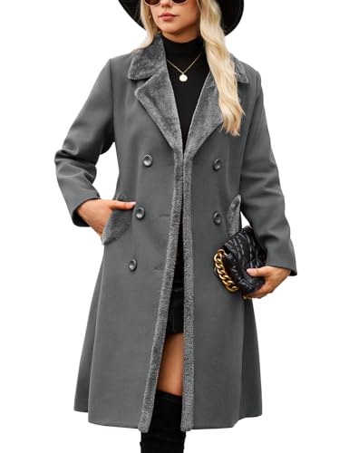 Yuson Girl Wintermantel Damen Lang Klassische Zweireihiger Mantel Revers Damen-mäntel Herbst Winter Übergangsmantel Warmer Winter Coat Elegant Trenchcoat mit Taschen(Dunkelgrau, L) von Yuson Girl