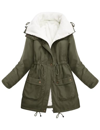 Yuson Girl Wintermantel Damen Winterjacke Parka Lang Winterparka Fleece Gefüttert Herbst Winter Kurzmantel Warm Jacke Elegant Dicke Fleecejacke Outdoor Baumwolle Mantel mit Tasche(Armeegrün, XL) von Yuson Girl
