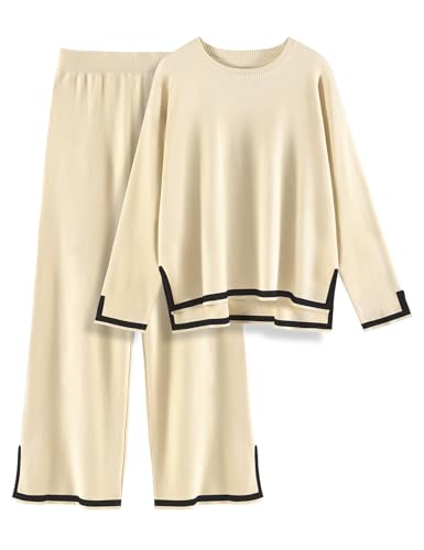 Yuson Girl Zweiteiler Damen Elegant Hausanzug Langarm Bequeme Strickanzug 2 Stück Freizeitanzug Gerippt Lounge Sets Rundhals Strickpullover Weites Bein Elastische Taille Hose Sportanzug(Aprikot, M) von Yuson Girl