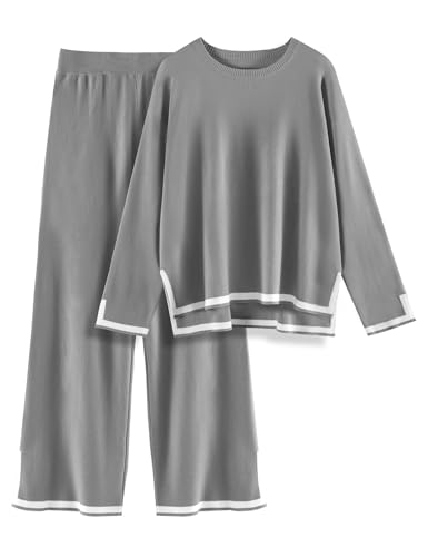Yuson Girl Zweiteiler Damen Elegant Hausanzug Langarm Bequeme Strickanzug 2 Stück Freizeitanzug Gerippt Lounge Sets Rundhals Strickpullover Weites Bein Elastische Taille Hose Sportanzug(Grau, S) von Yuson Girl