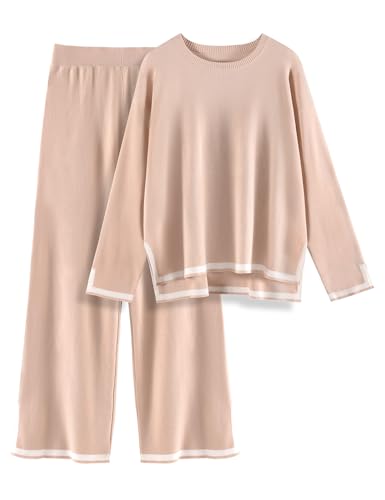Yuson Girl Zweiteiler Damen Elegant Hausanzug Langarm Bequeme Strickanzug 2 Stück Freizeitanzug Gerippt Lounge Sets Rundhals Strickpullover Weites Bein Elastische Taille Hose Sportanzug(Khaki, XL) von Yuson Girl