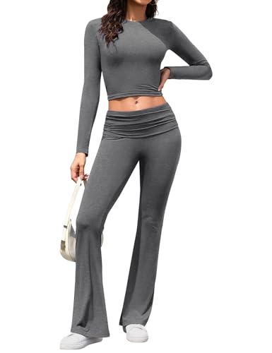Yuson Girl Zweiteiler Damen Lounge Set Weich Hausanzug Freizeitanzug Langarm Crop Top Elastische Taille Schlaghosen 2 Teiler Loungewear Damen Set Y2K Outfit Casual Sportanzug(Dunkelgrau, M) von Yuson Girl