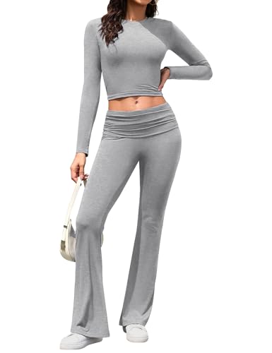 Yuson Girl Zweiteiler Damen Lounge Set Weich Hausanzug Freizeitanzug Langarm Crop Top Elastische Taille Schlaghosen 2 Teiler Loungewear Damen Set Y2K Outfit Casual Sportanzug(Hellgrau, M) von Yuson Girl