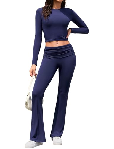 Yuson Girl Zweiteiler Damen Lounge Set Weich Hausanzug Freizeitanzug Langarm Crop Top Elastische Taille Schlaghosen 2 Teiler Loungewear Damen Set Y2K Outfit Casual Sportanzug(Marineblau, M) von Yuson Girl