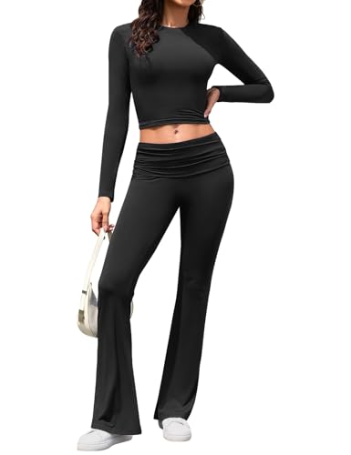 Yuson Girl Zweiteiler Damen Lounge Set Weich Hausanzug Freizeitanzug Langarm Crop Top Elastische Taille Schlaghosen 2 Teiler Loungewear Damen Set Y2K Outfit Casual Sportanzug(Schwarz, M) von Yuson Girl