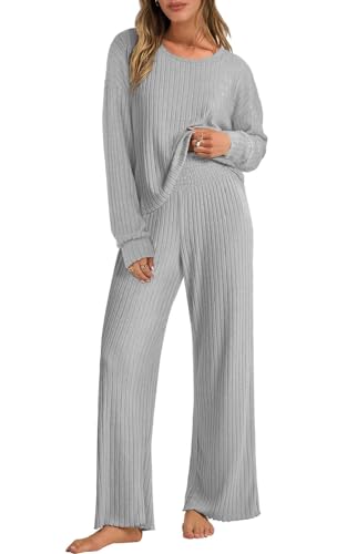 Yutdeng 2 Teiler Damen Zweiteiler Elegant Freizeitanzug Set Hose und Oberteil Rundhals Gestreift Weite Hose Loungewear Set Damen Outfit Hausanzug 2-Teilig Herbst Winter Trainingsanzug,Hellgrau,XXL von Yutdeng