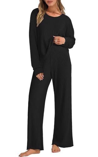Yutdeng 2 Teiler Damen Zweiteiler Elegant Freizeitanzug Set Hose und Oberteil Rundhals Gestreift Weite Hose Loungewear Set Damen Outfit Hausanzug 2-Teilig Herbst Winter Trainingsanzug,Schwarz,S von Yutdeng