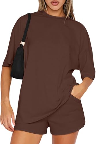 Yutdeng 2 Teiler Set Damen Outfit Sommer Anzug Kurzarm Top und Shorts Set Zweiteiler Hausanzug Lounge Set Trainingsanzug Zweiteiler für Damen Travel Outfit Freizeitanzug Jogginganzug,Braun,XL von Yutdeng
