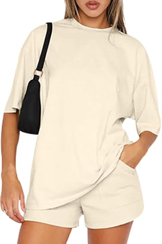 Yutdeng 2 Teiler Set Damen Outfit Sommer Anzug Kurzarm Top und Shorts Set Zweiteiler Hausanzug Lounge Set Trainingsanzug Zweiteiler für Damen Travel Outfit Freizeitanzug Jogginganzug,Khaki,L von Yutdeng