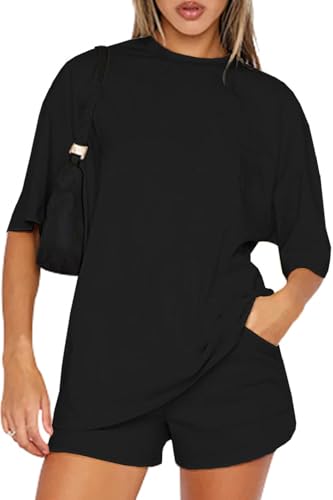 Yutdeng 2 Teiler Set Damen Outfit Sommer Anzug Kurzarm Top und Shorts Set Zweiteiler Hausanzug Lounge Set Trainingsanzug Zweiteiler für Damen Travel Outfit Freizeitanzug Jogginganzug,Schwarz,L von Yutdeng