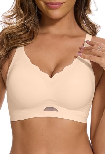 Yutdeng BH Damen ohne Bügel Nahtloser Bustier Damen Gepolstert Seamless Soft BH V-Ausschnitt Push Up Bequemer BHS Schlaf T Shirt Bra Mesh Bralette Gewellte Minimizer mit Zusätzlicher BH-Verlängerung von Yutdeng