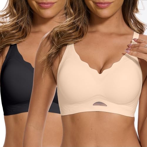 Yutdeng BH Damen ohne Bügel Nahtloser Bustier Damen Gepolstert Seamless Soft BH V-Ausschnitt Push Up Bequemer BHS Schlaf T Shirt Bra Mesh Bralette Gewellte Minimizer mit Zusätzlicher BH-Verlängerung von Yutdeng