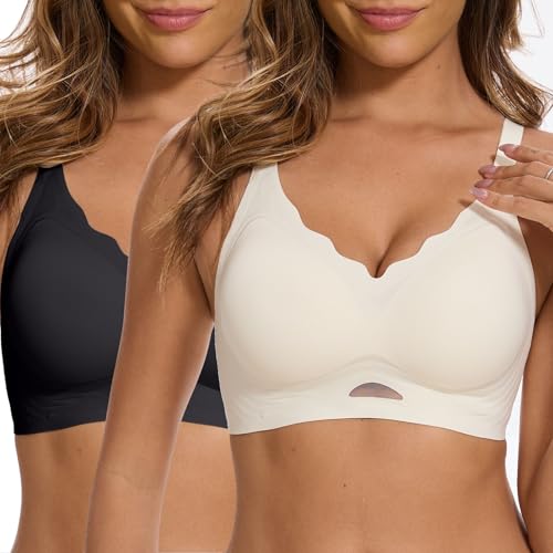 Yutdeng BH Damen ohne Bügel Nahtloser Bustier Damen Gepolstert Seamless Soft BH V-Ausschnitt Push Up Bequemer BHS Schlaf T Shirt Bra Mesh Bralette Gewellte Minimizer mit Zusätzlicher BH-Verlängerung von Yutdeng
