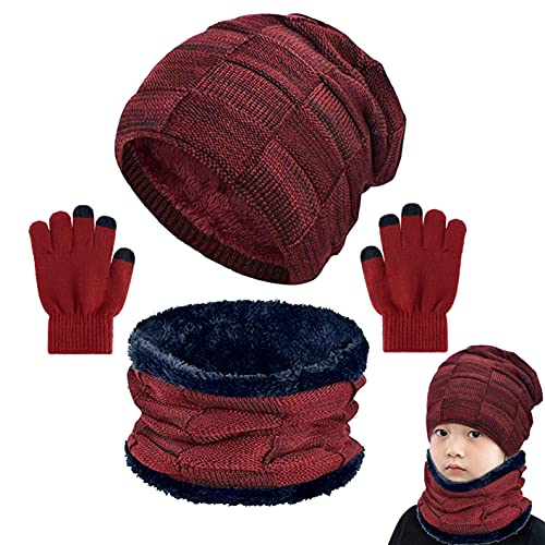 Yutdeng Baby Winter Warm Knit Mütze Hut Schal Handschuhe Set Touchscreen-Handschuhe Strick mit Kreis Loop Schal Fleece Gefüttert für Ski 3-in-1 Mütze Winter-Set Unisex 4-13Jahre,1-Weinrot,One size von Yutdeng