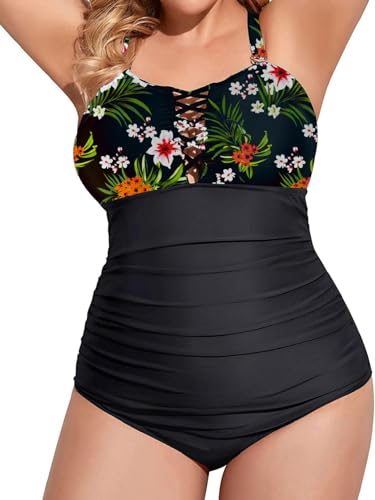 Yutdeng Badeanzug Damen Bauchweg Große Größen Badeanzug Push Up Gepolstert Cut Out Plus Size Bademode Bauchweg Figurformend Swimsuits Badeanzüge für Damen Große Größe Schwimmanzug,Grün/Blume,XXL von Yutdeng