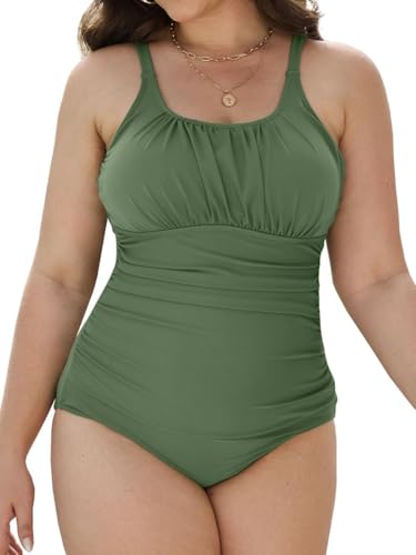 Yutdeng Badeanzug Damen Bauchweg Große Größen Bademode Push Up Gepolstert Shape Badeanzug Grosse Grössen mit Rüschen Badeanzüge Damen Große Oberweite Schwimmanzug Swimsuit Monokini,Grün,XXL von Yutdeng