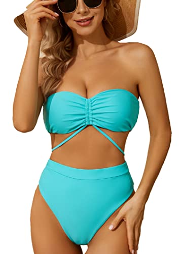 Yutdeng Bandeau Bikini Damen Push Up Bikini Brazilian Style Schnürung Neckholder Bikini Oberteil Gepolstert ohne Träger Tanga Bikinihose Swimwear Zweiteiliger Badeanzug Bademode,Blau,S von Yutdeng