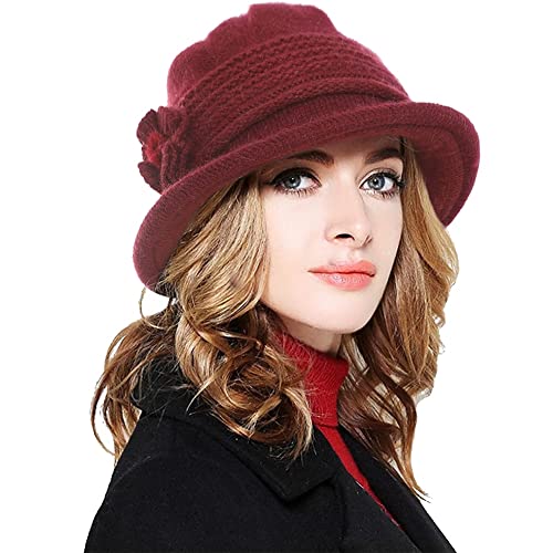 Yutdeng Beanie Damen mit Schirm Frauen Winter Strickmütze Warm Gestrickt Bucket Hüte Elegant Fischerhut Dicke Crochet Mütze mit Visor Mode Beanie Cap Weich,Rotwein,One Size von Yutdeng