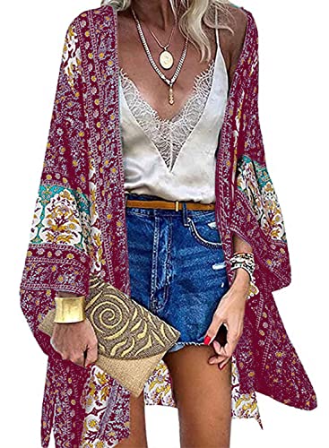 Yutdeng Bikini Cover Up Damen Blumendruck Kimono Strickjacke Bohème Cardigan Strandkleid Bedecken Pareos Sommer Strand Poncho Boho Vertuschen Shirt Badeanzug Elegant,Weinrot,M von Yutdeng