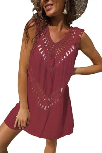 Yutdeng Bikini Cover Up Strandkleid Damen Sexy Cutout Sommer Strandponcho V-Ausschnitt Strandurlaub Badeanzug Crochet Strandtunika Casual Pareo Gestrickt Strand Outfits Ärmellos Beachwear Cover-Ups von Yutdeng