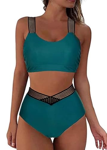 Yutdeng Bikini Damen Bauchweg High Waist Gepolstert Bikini Oberteil Mesh Patchwork Träger Badehose Hohe Taille Bauch Weg Bikini Set Zweiteiliger Badeanzug Bademode für Damen,Türkis,S von Yutdeng