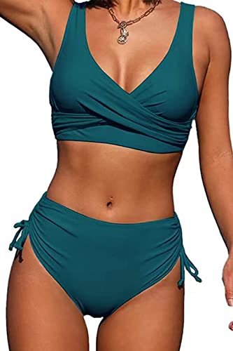 Yutdeng Bikini Damen Bauchweg High Waist Kordelzug Side Bikini Push Up Bikini Oberteil Badeanzug Zweiteiliger Bademode Frauen Hohe Taille Bikini Set Damen mit Abnehmbare Pads, Blau, L von Yutdeng