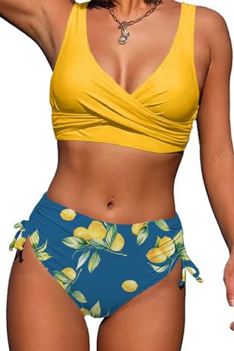 Yutdeng Bikini Damen Bauchweg High Waist Kordelzug Side Bikini Push Up Bikini Oberteil Badeanzug Zweiteiliger Bademode Frauen Hohe Taille Bikini Set Damen mit Abnehmbare Pads, Gelb, XL von Yutdeng