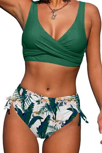 Yutdeng Bikini Damen Bauchweg High Waist Kordelzug Side Bikini Push Up Bikini Oberteil Badeanzug Zweiteiliger Bademode Frauen Hohe Taille Bikini Set Damen mit Abnehmbare Pads, Grün Blume, XL von Yutdeng