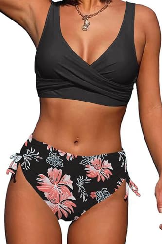 Yutdeng Bikini Damen Bauchweg High Waist Kordelzug Side Bikini Push Up Bikini Oberteil Badeanzug Zweiteiliger Bademode Frauen Hohe Taille Bikini Set Damen mit Abnehmbare Pads, Rosa Blume, L von Yutdeng