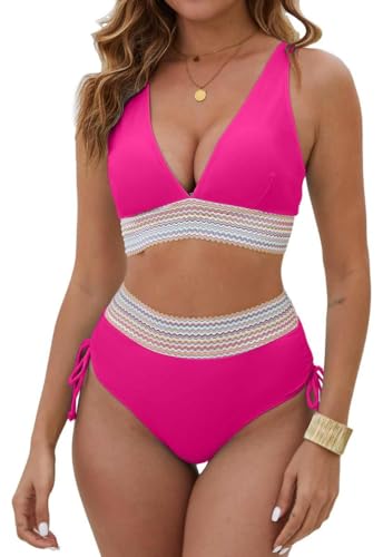 Yutdeng Bikini Damen Bauchweg Push Up Badeanzug Zweiteilig Gepolstert ohne Bügel V Ausschnitt High Waist Bikini mit Hohem Bund Besatz Bademode Bauchweg Push Up Bikini Frauen Swimwear,Rosa,M von Yutdeng