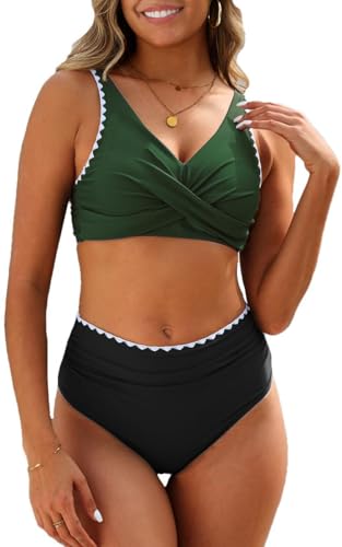 Yutdeng Bikini Damen Bauchweg Push up Badeanzug Zweiteilig mit Kanten High Waist Bikini ohne Bügel Gepolstert V Ausschnitt Bademode Bauch Weg Bikini Damen Set Push Up Swimwear Women,Grün,M von Yutdeng